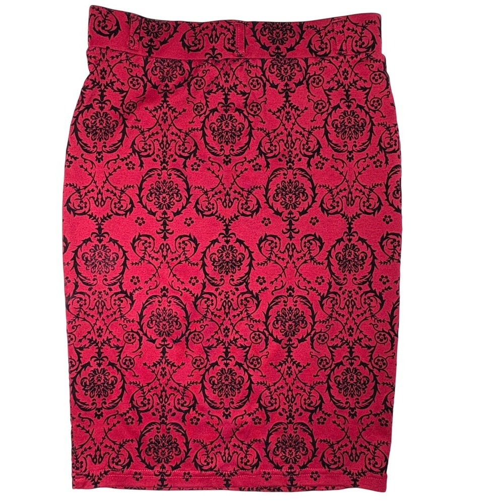 Velvet Pencil Skirt‎ S Red Black Damask Gothic Victorian Midi Iris Los Angeles